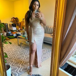 Rose gold sequin gown with slit